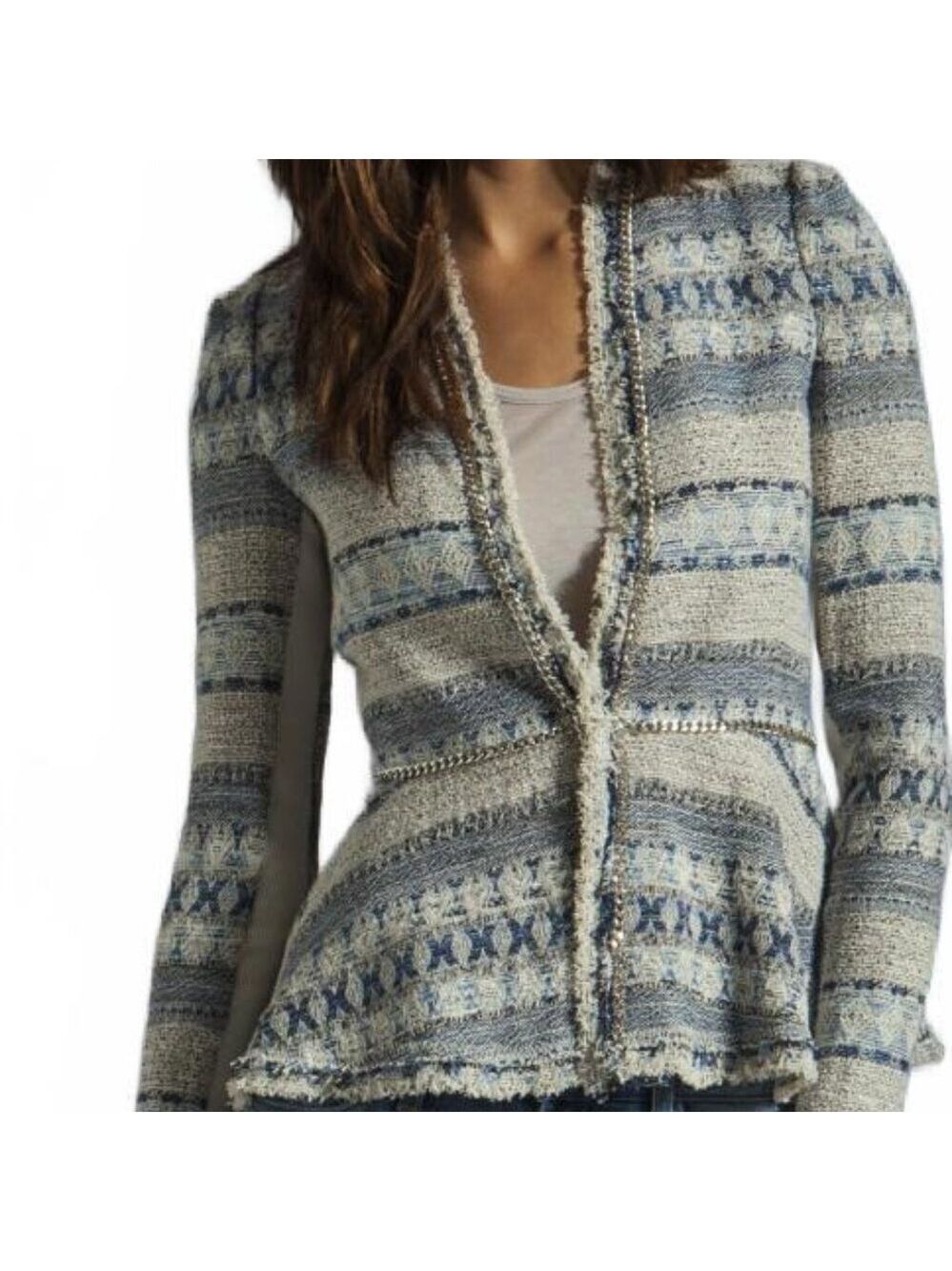 Rebecca Taylor Blue White Tweed Chain Jacket Size 4